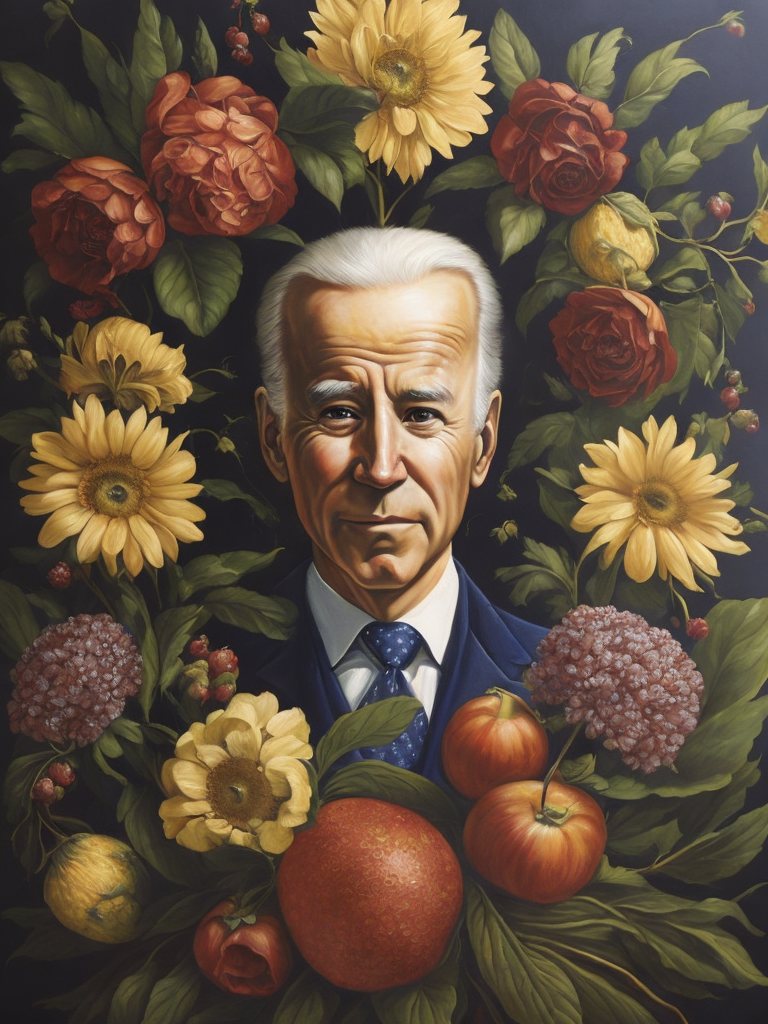 a painting of Joe Biden head surrounded by flowers and fruit, Painting, Oil, Still Life, Botanical, Italy, style of Giuseppe Arcimboldo