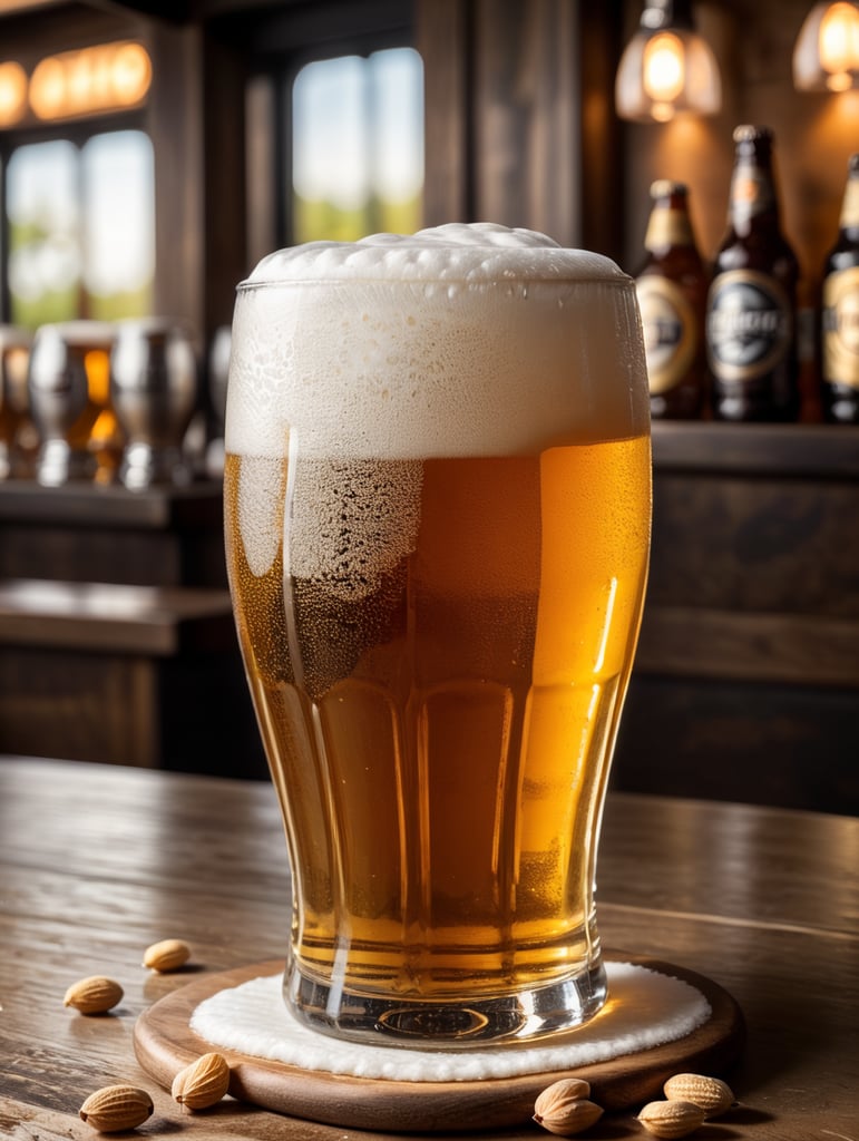 one gorgeous pint of beer, small round stainless steel plate filled with dry peanuts, beer swirl inside glass, one inch of white foam on top, transparent beer, frozen glass, advertisement, highly detailed