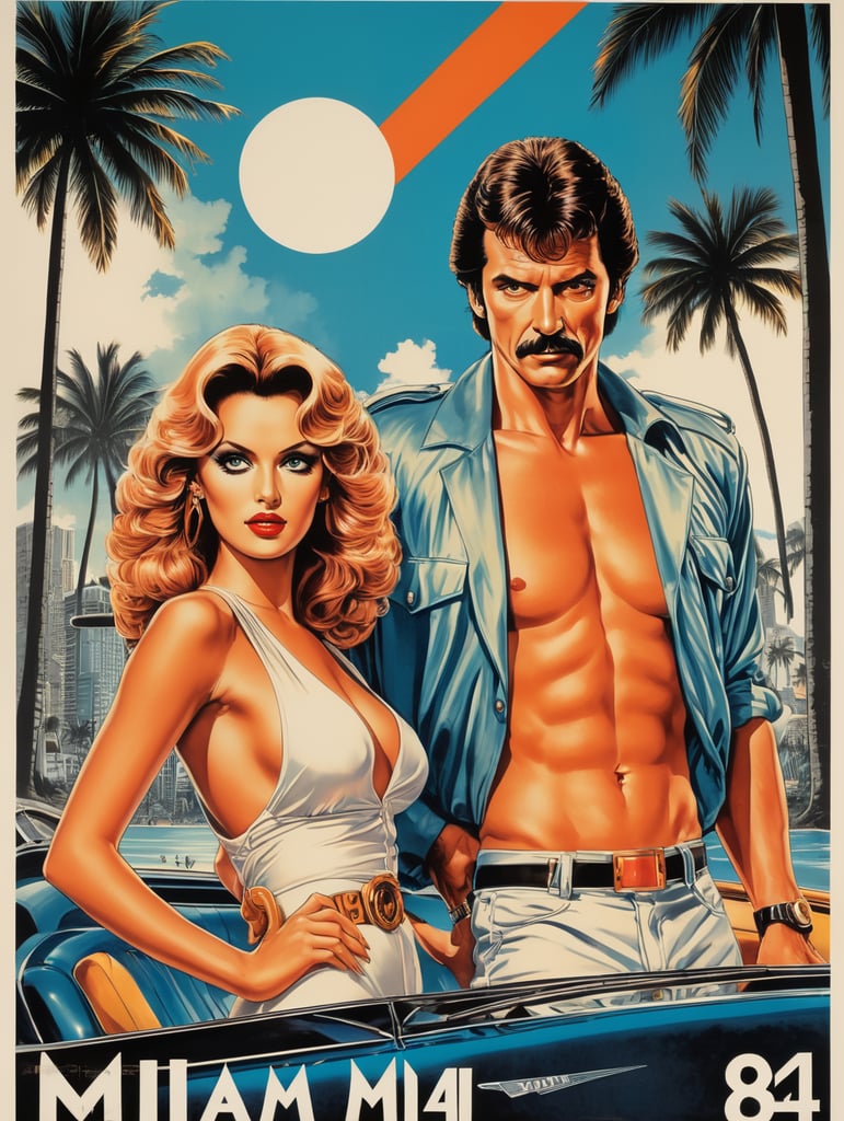 Miami 1984 eye-catching poster-style drawing and illustration representing the iconic pulp style.