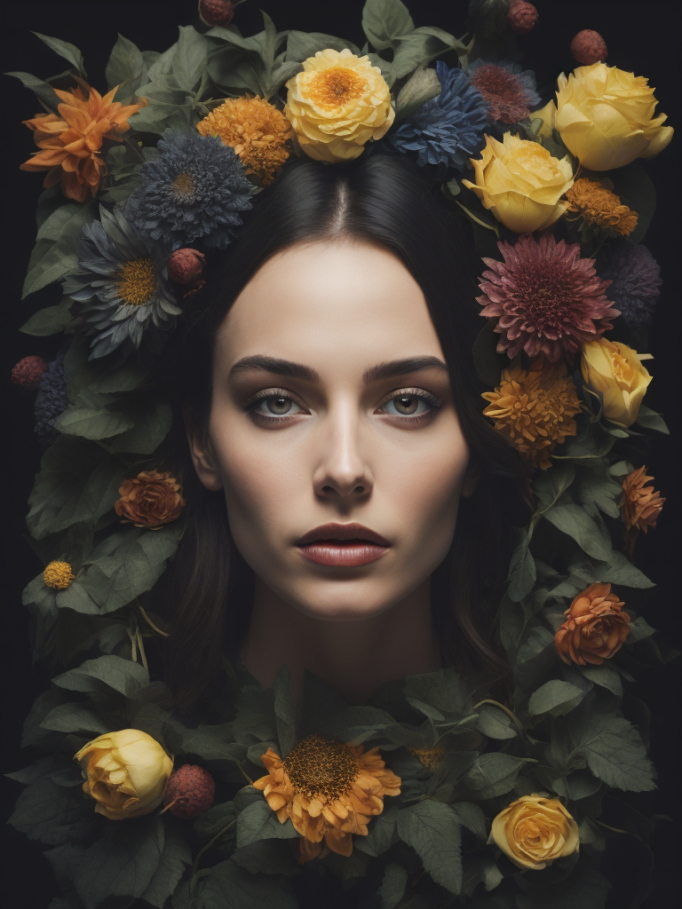 a painting of a woman's head surrounded by flowers and fruit