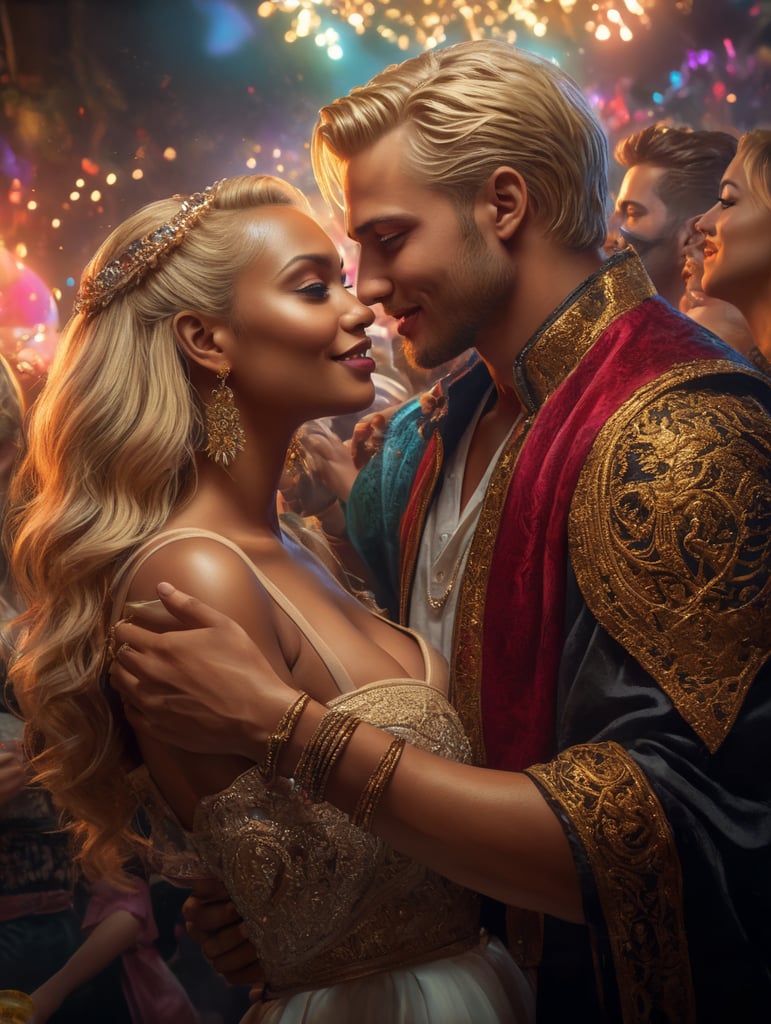 love, blond guy, dark blond woman, Celebration party 90 style