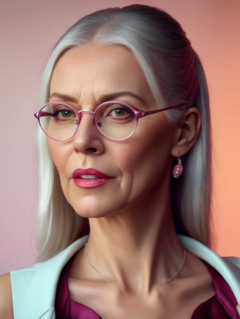 A portrait of a beautiful older woman with white platinum hair and big pink glasses, glamorous Hollywood portraits, highly realistic, daz3d, women designers, high resolution, very fashionable and stylish, colorful like a Wes Anderson movie portrait