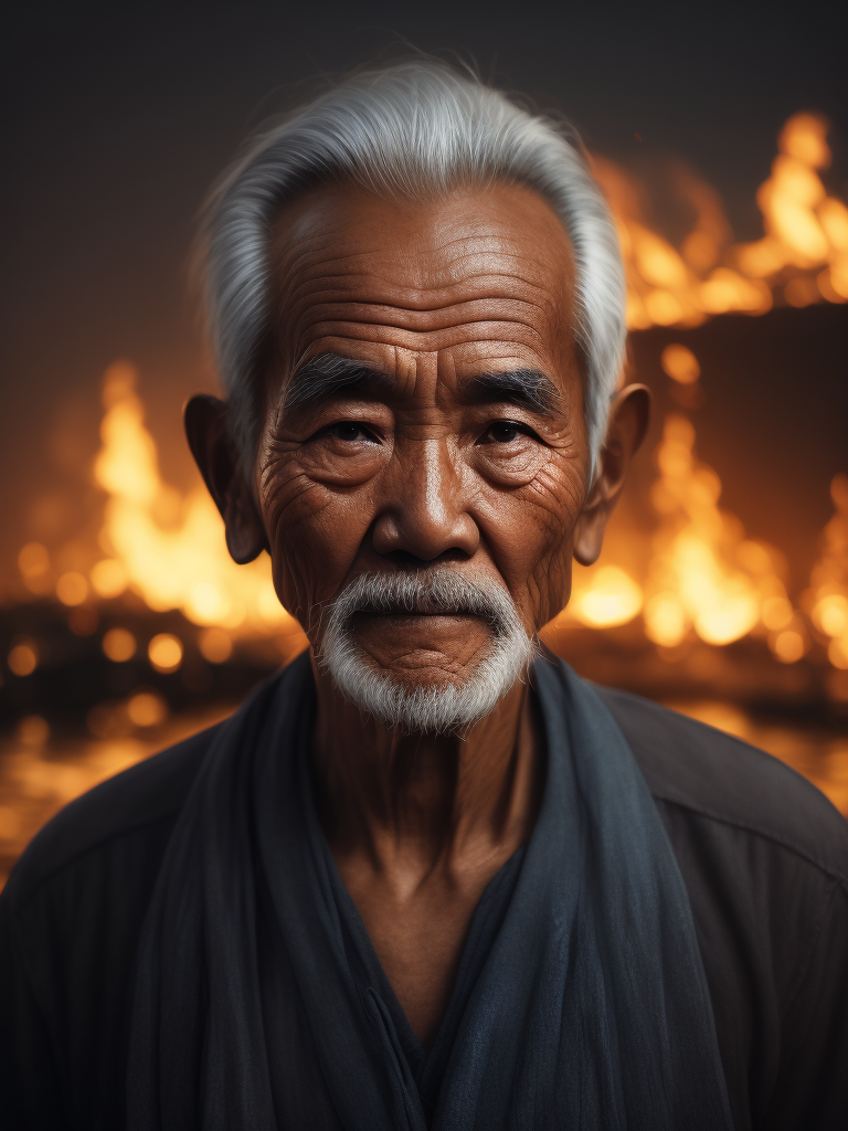 A close-up of a Vietnamese old man's face, illuminated by the light of a fire, with a backdrop of a dirty river and a shanty town.