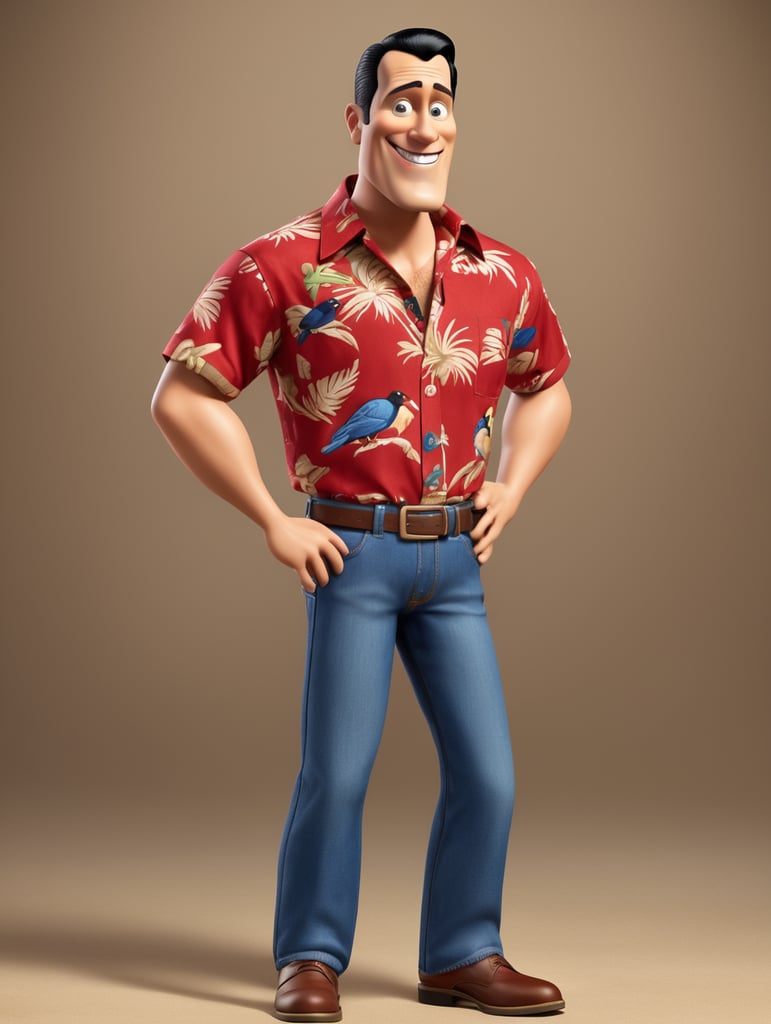 Glenn Quagmire appears Caucasian adult male with short 50's-style-combed raven hair. He has a big chin with a deep cleft and a long nose. He wears a red Hawaiian shirt, blue jeans, and brown shoes.