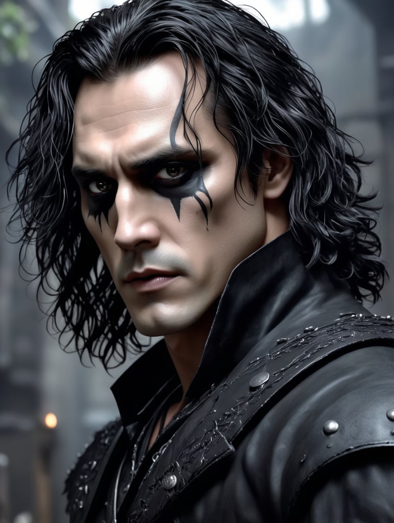 Midshot. Very detailed illustration in anime style of Brandon Lee as (Eric Draven), (The Crow movie), extremely detailed face, (very detailed hair), creepy dungeon environment, JRPG, art by MSchiffer, pixiv, konachan, high contrast, flat colors, cel shaded