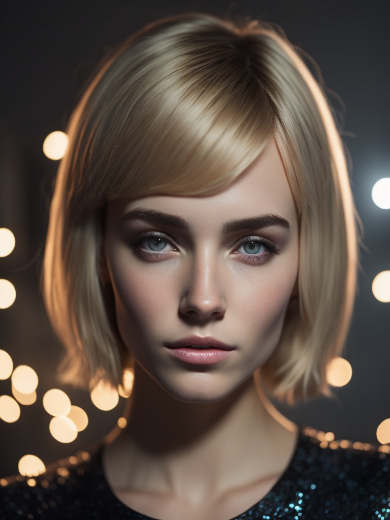 Beautiful Russian girl, disco, techno, short hair, blonde, front camera, with a round neon light in the background, darkness, tone of tone