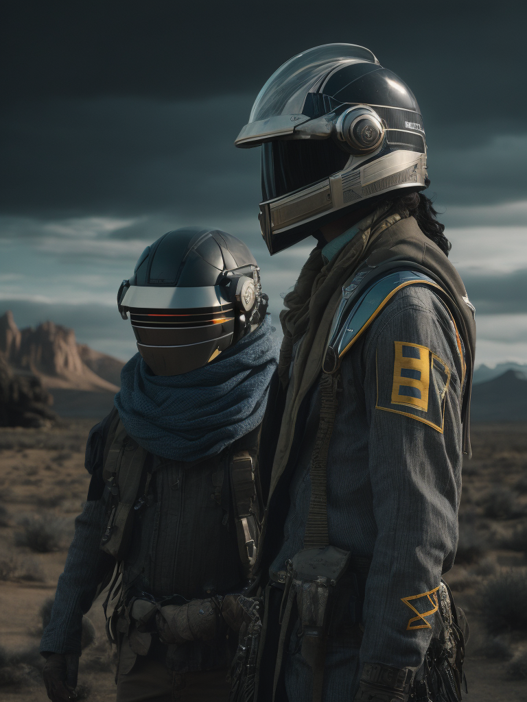 Daft Punk in a Native American style, realism, photorealism, futuristic, high resolution, cyberpunk background, cinematic