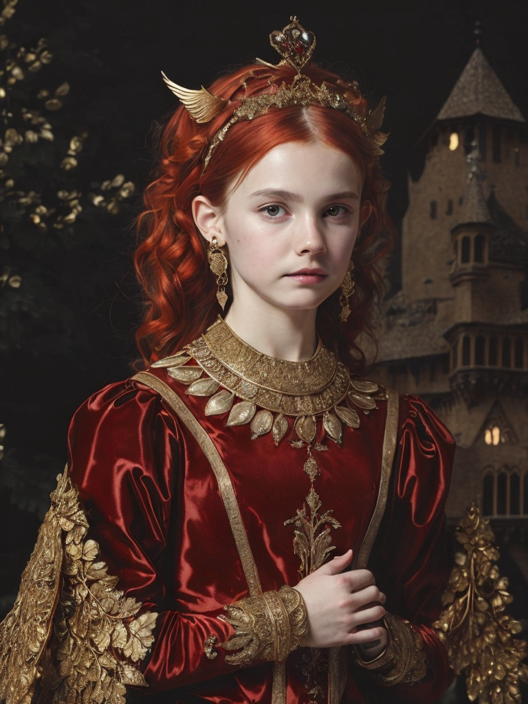 A young girl with golden wings in a red velvet dress with golden embroidery, beads, expensive lace, with red hair, jewelry from the 15th century in her hair, a dark background with trees and castles, the style of Lucas Cranach the Younger, medieval style