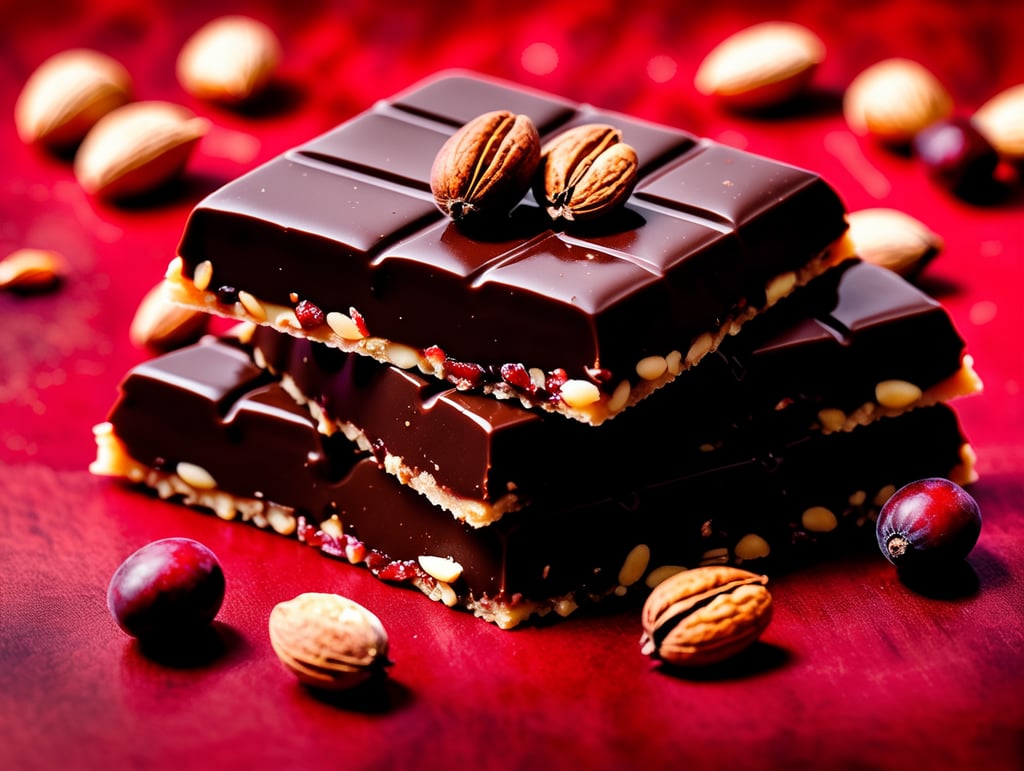 Dark Chocolate with Nuts and red Dried Cranberries bar brilliant colors nutty goodness food photography gourmet dessert chocolaty indulgence insta foodie delicious delights plane red background tempting dessert food art