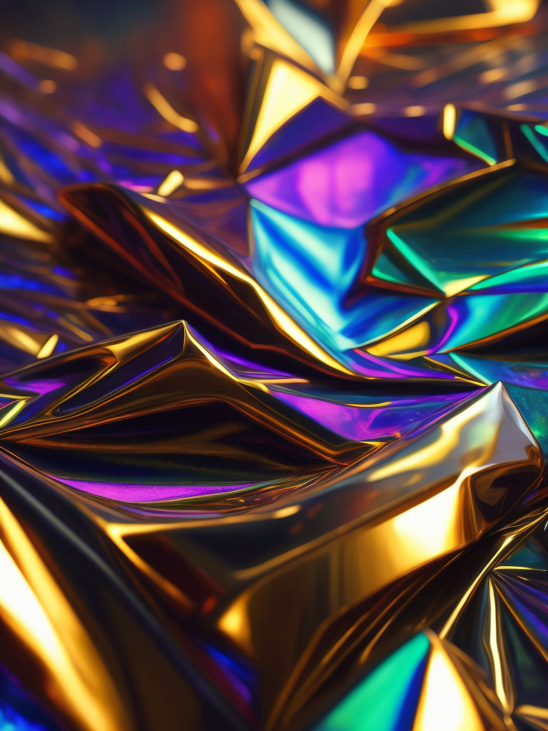 Texture of crumpled holographic foil, pattern, background, top view, metallized effect, metallic, multi-colored reflections, holographic effect
