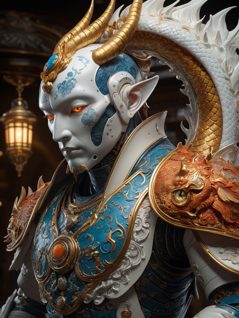 subsurface scattering, white, koi, robot deity with dragon armor, art nouveau swirls, vibrant colors, octane render, by jesper ejsing, james jean, justin gerard, tomasz alen kopera, cgsociety and fenghua zhong, highly detailed, rim light, art, cinematic lighting, very coherent, hyper realism, high detail, 8 k