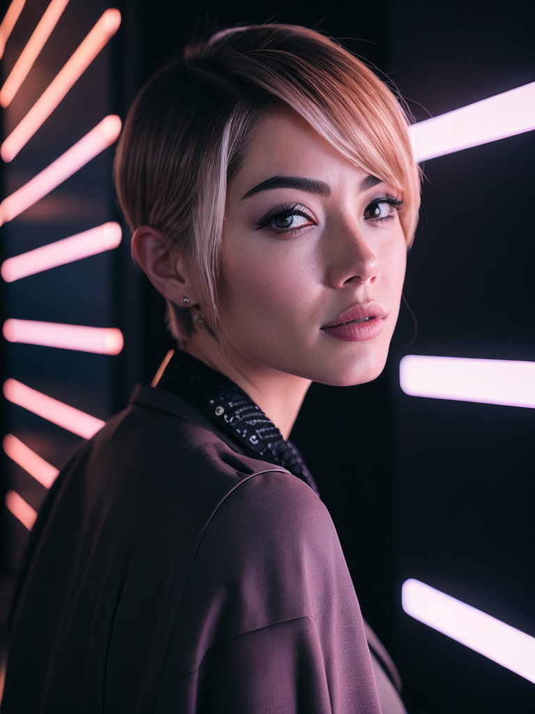 A women with a short black hair, stands near neon light illumination ad, looks on camera, cinematic shot
