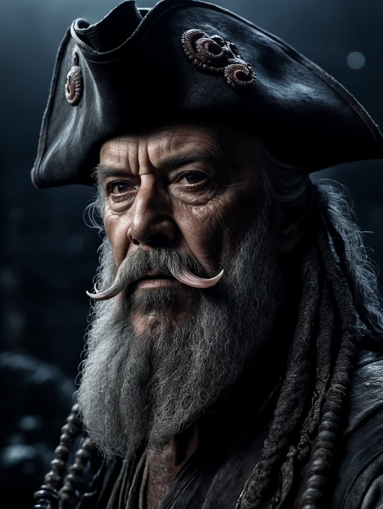 old pirate with octopus beard, dark scene, dark atmosphere, epic shot, sharp on details