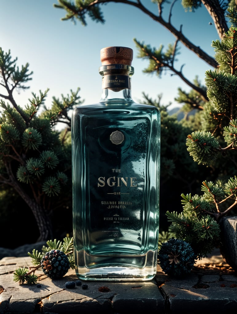 professional photography of a square gin bottle, square bottle, surrounding a juniper and juniper berries, one shot of gin in a front, no label, clear, mockup