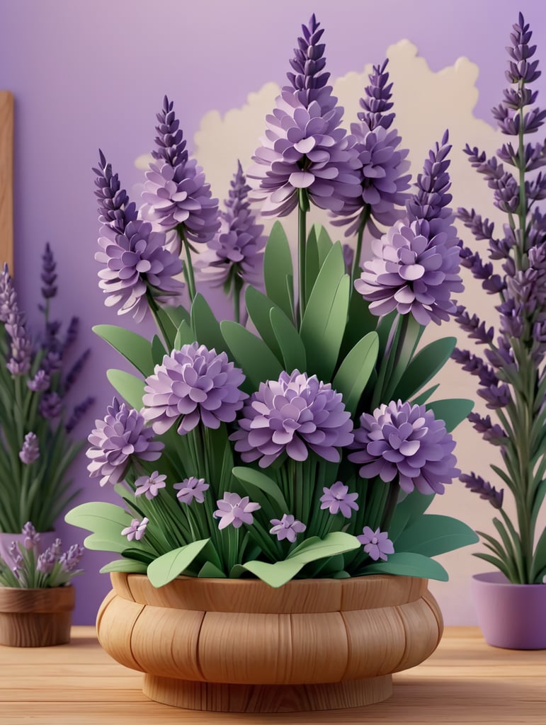 lavender flowers made of paper on a wooden oak stand on a background of lavender