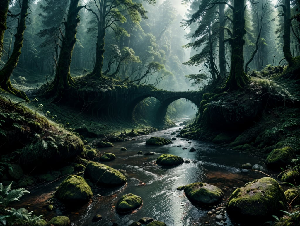 A dense forest with a river running through it