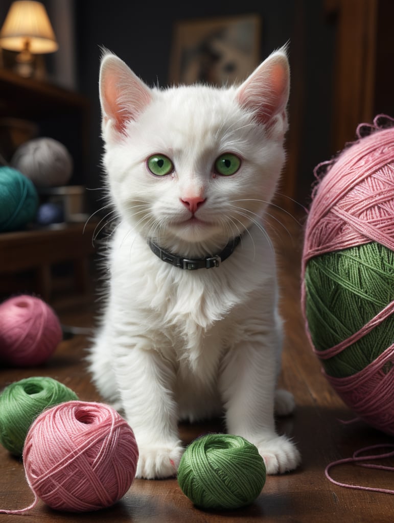 Котёнок Бело черный с зелёными очеровательными глазками с розовым носом с клетками ниток на фоне комнаты