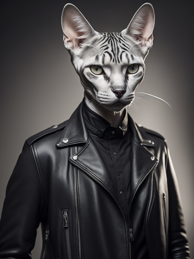 bold white sphynx cat with black and white rocker tattoos wearing a black biker leather jacket