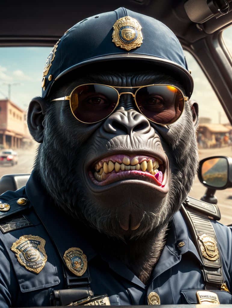 Gorilla police officer, sitting behind the wheel of a police car, close-up shot, sunglasses, clipart, stock photo