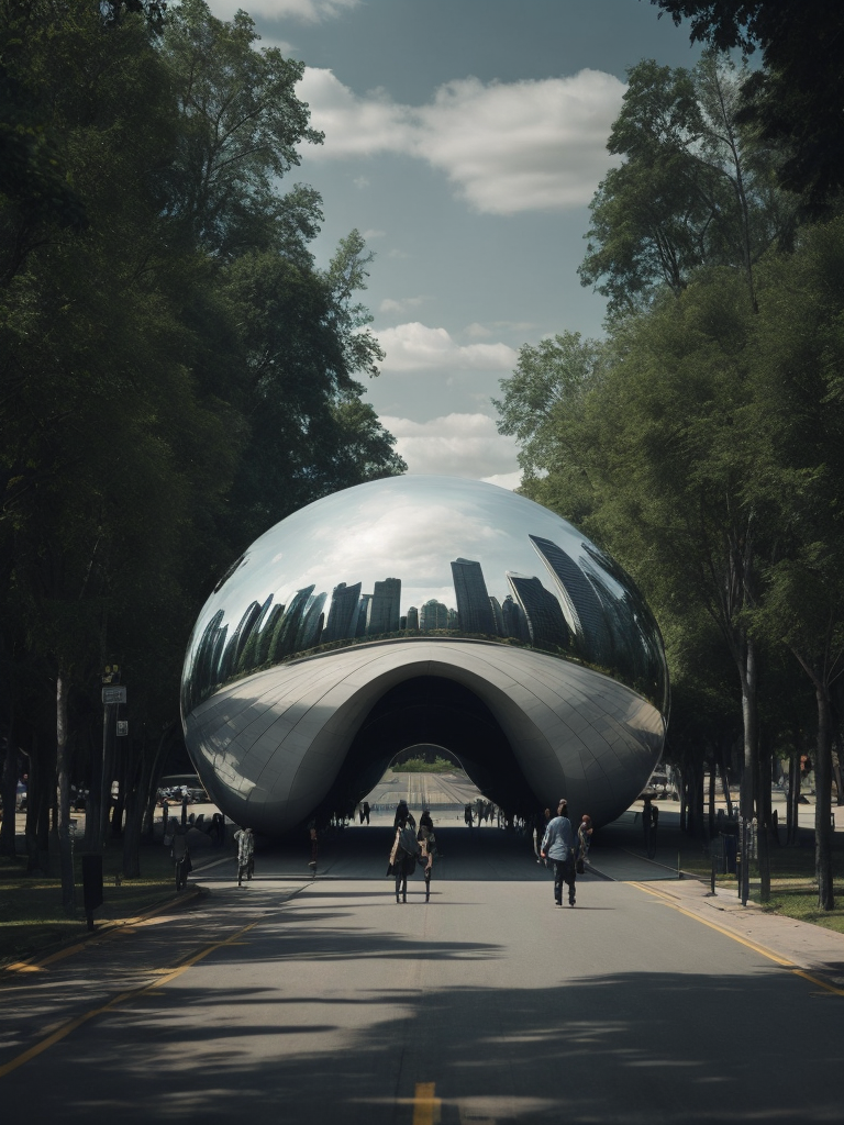 Chicago Millennium Park, Cloud Gate, Green trees, Skyscrapers in the background, Vibrant colors, Deep colors, Contrast lighting, Sunny day, High detail, Sharp details
