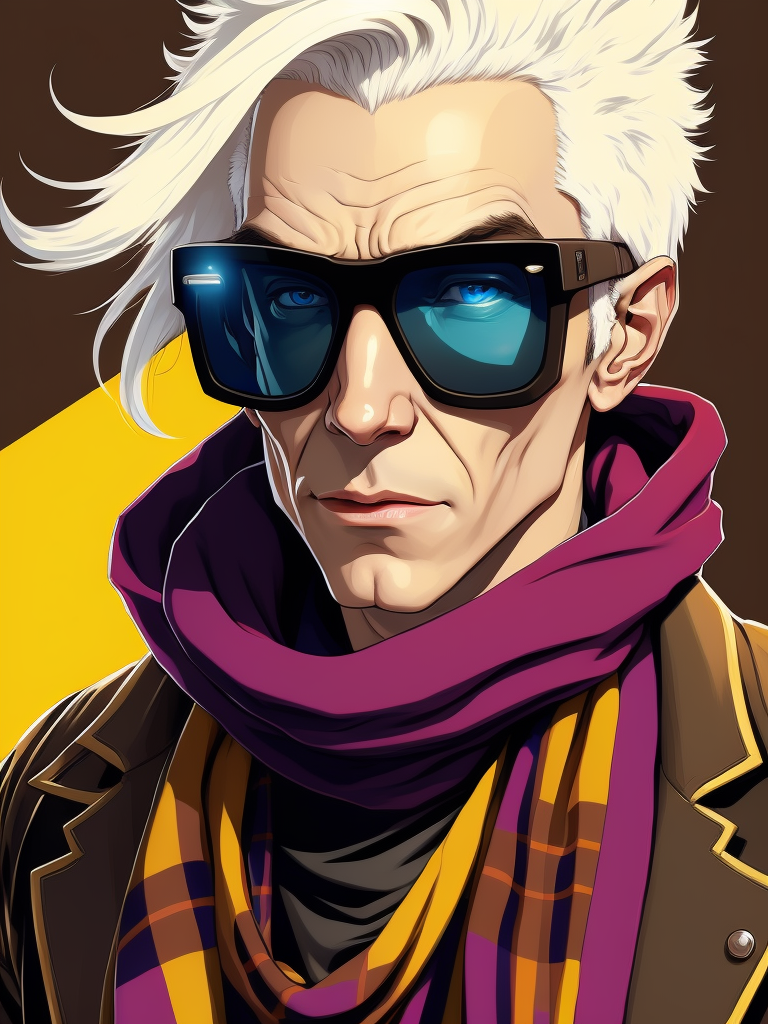 Portrait of halo, sunglasses, blue eyes, tartan scarf, white hair by atey ghailan, by greg rutkowski, by greg tocchini, by james gilleard, by joe fenton, by kaethe butcher, gradient yellow, black, brown and magenta color scheme, grunge aesthetic!!! graffiti tag wall background