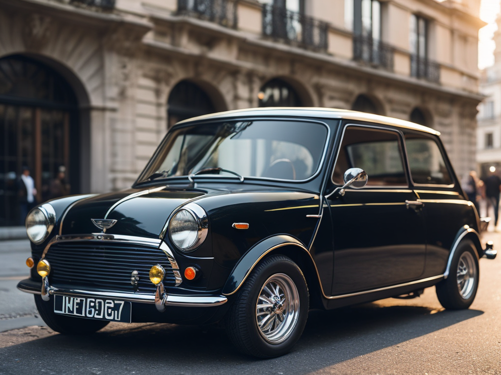 A black austin mini from 1970, with a lot of details, on paris