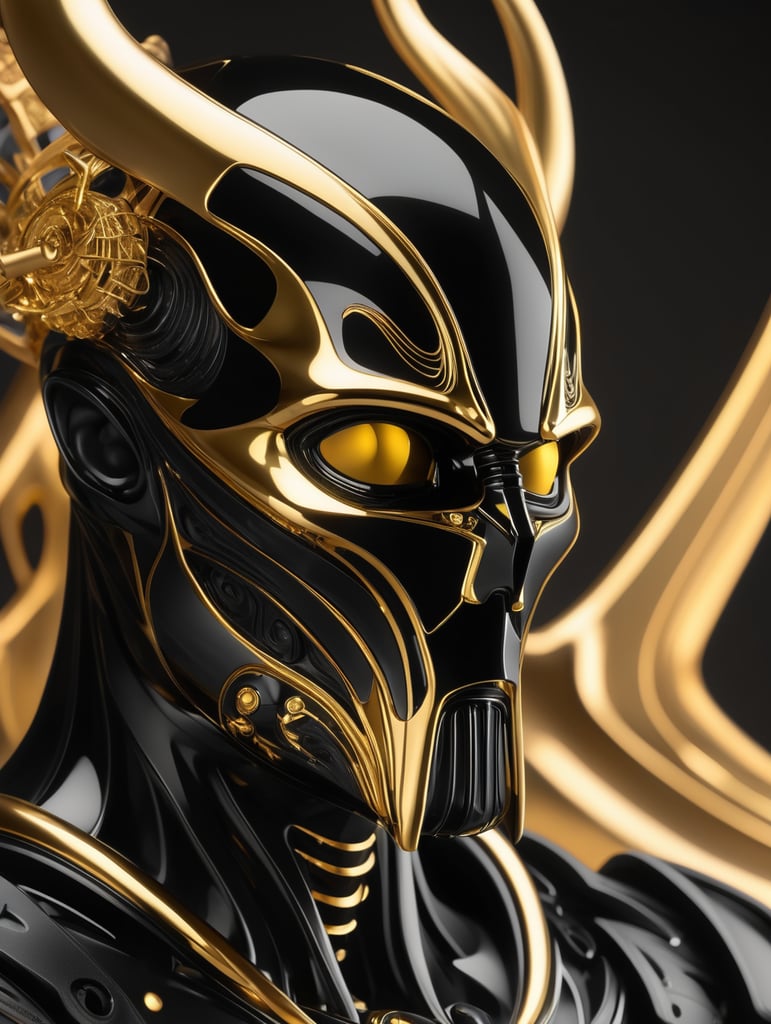 Matte black and gold shiny biotech sith lord, gold on black, octane render, translucent, transparent, realistically detailed, soft light, evoking, liquid shapes, vibrant color palette, biomorphic