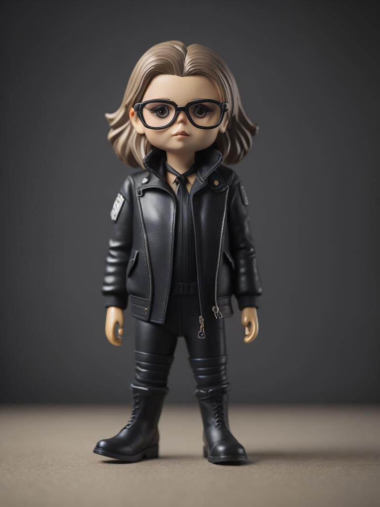 Full body Plastic figurine of a brutal chick, black glasses, leather jacket, black boots, 3d octane render, funko pop,