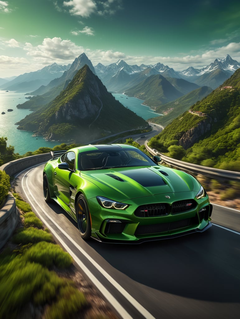 спортивная машина мчится по серпантину, ярко-зеленый салатовый цвет скорость, ветер, горы, море внизу. максимально реалистично, фото на профессиональную камеру