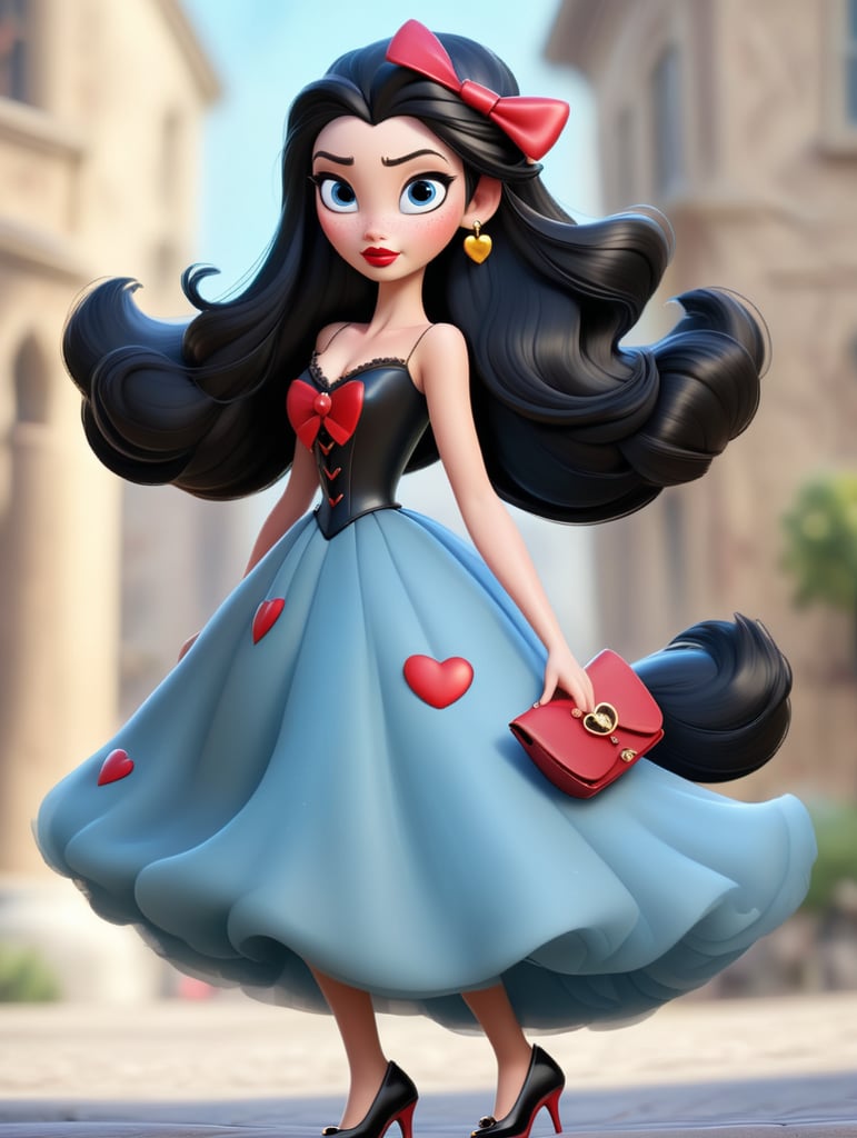 очі голубі,коси длінні чорні, губи червоні,на голові червоний бант,на шиї цепочка сердечком,сережки золоті з серцем,плаття довге чорне,туфлі,сумочка,кольцо