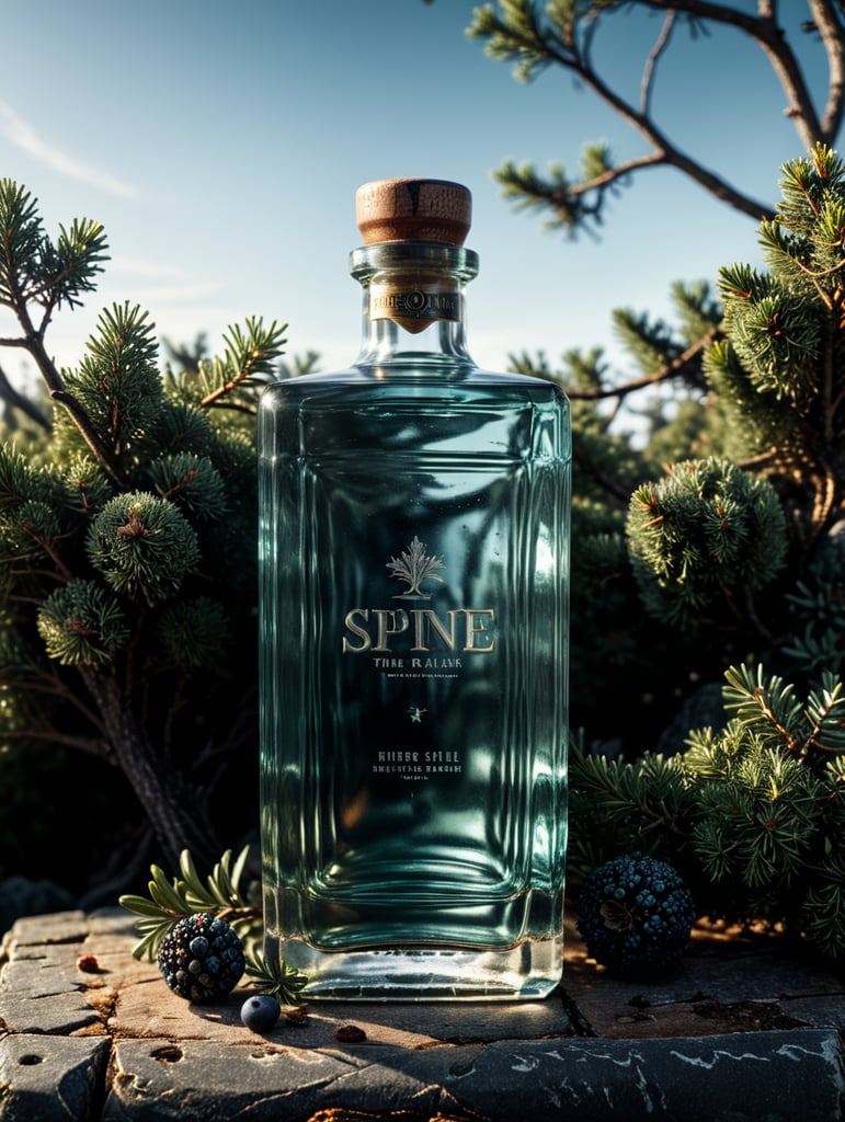 professional photography of a square gin bottle, square bottle, surrounding a juniper and juniper berries, one shot of gin in a front, no label, clear, mockup