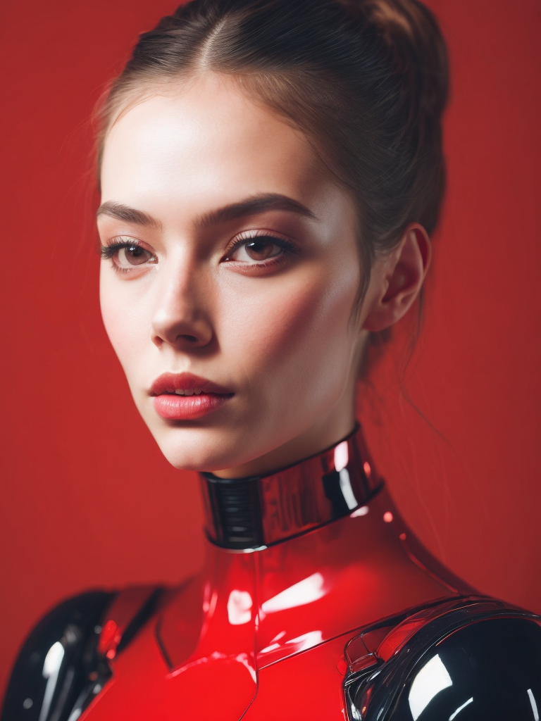 Portrait of an android girl made of red glossy material, sharp highlights, red background, Vivid saturated colors, Contrast color