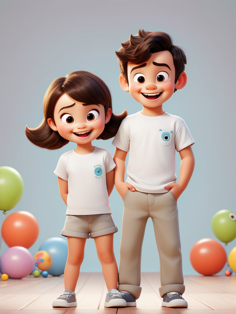 a Little boy and girl wearing white t-shirts, standing in front of ping background, blank shirts no print, 3 years old smiling toddlers, photo for apparel mock-up