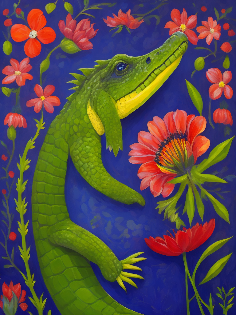 An oil painting shows a crocodile and flowers in one pose, flowers, sun, in the style of light maroon and royal blue and poppy pink, berlin secession, contemporary folk art, confessional, green accents, emotional figures