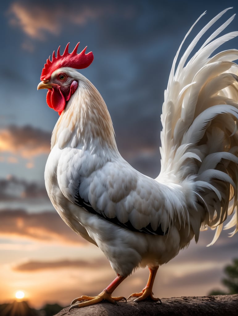 beautiful photorealistic rooster in white crowing in morning outside, beautiful morning sky