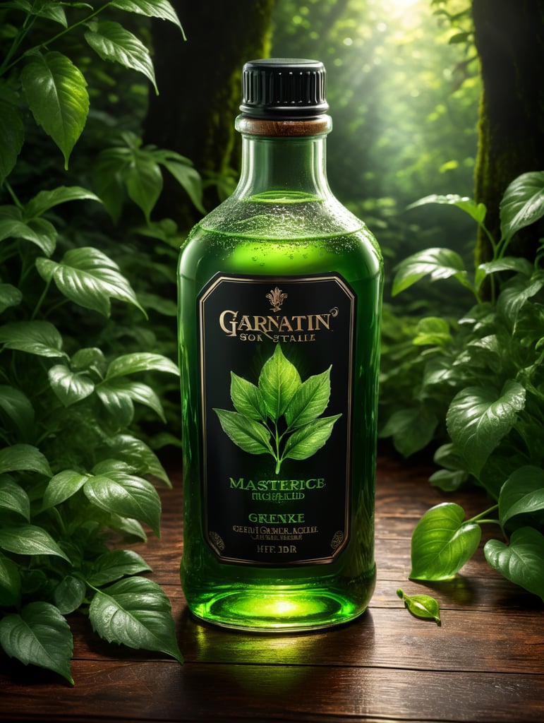 Here is another prompt: A photorealistic image of a product bottle design with a wooden table underneath and a green foliage background. The bottle is clear with a green liquid inside. The label is white with a green logo. The label has the product name and ingredients on it. The table is made of dark wood. The foliage is lush and green. The image is well-lit and has a high level