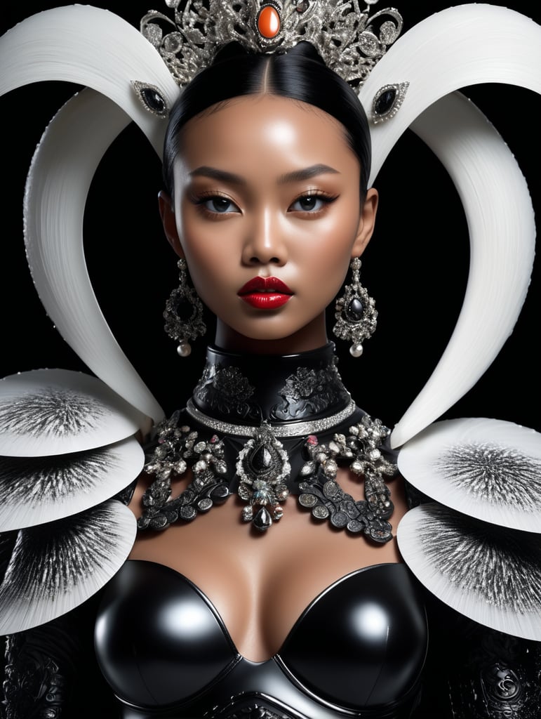 Black skin Asian girl fashion model, fashion photography , reality , fashion model has real skin texture , pure background ,art installation , 22mm lens , 3D render , black background , 8K , Tim walker , alexander mcqueen
