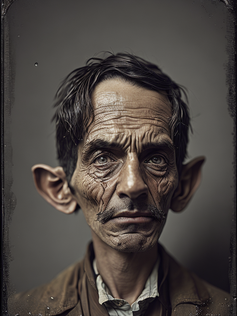 a wet plate photograph of a scary wooden Pinocchio with very long wooden nose and dark bob haircut, neutral emotions on his face