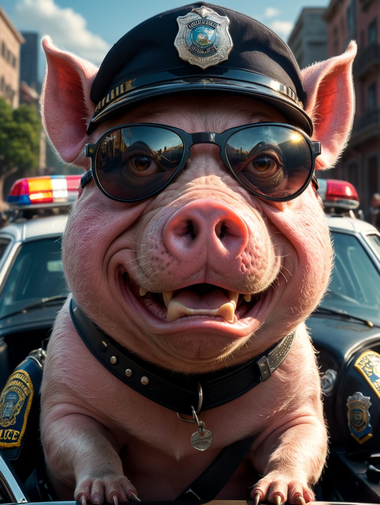 A angry pig police officer, sitting behind the wheel of a police car, close-up shot, sunglasses, clipart, stock photo