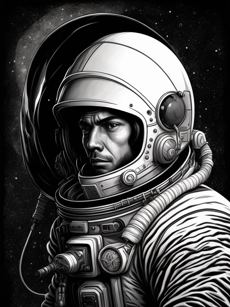 A black and white drawing of an astronaut, an ambient occlusion render by esao, cgsociety, space art, sci-fi, chillwave, ue5