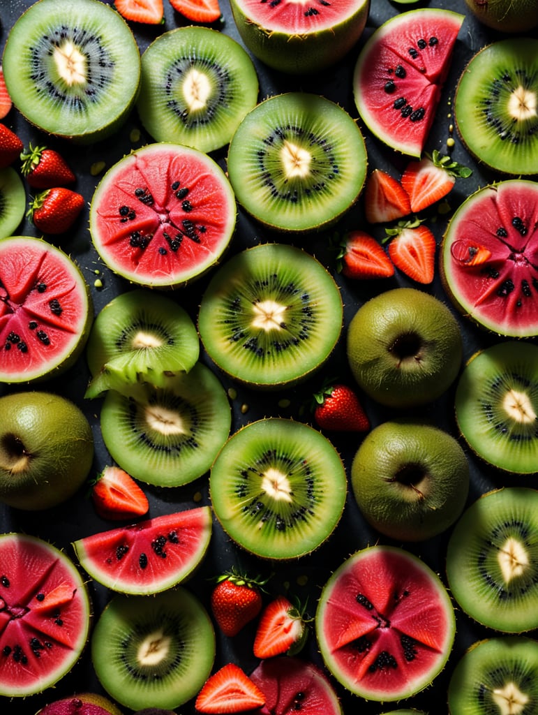 Colorful sliced fruit pieces, top view, watermelon, dragon fruit, kiwi, strawberry, texture