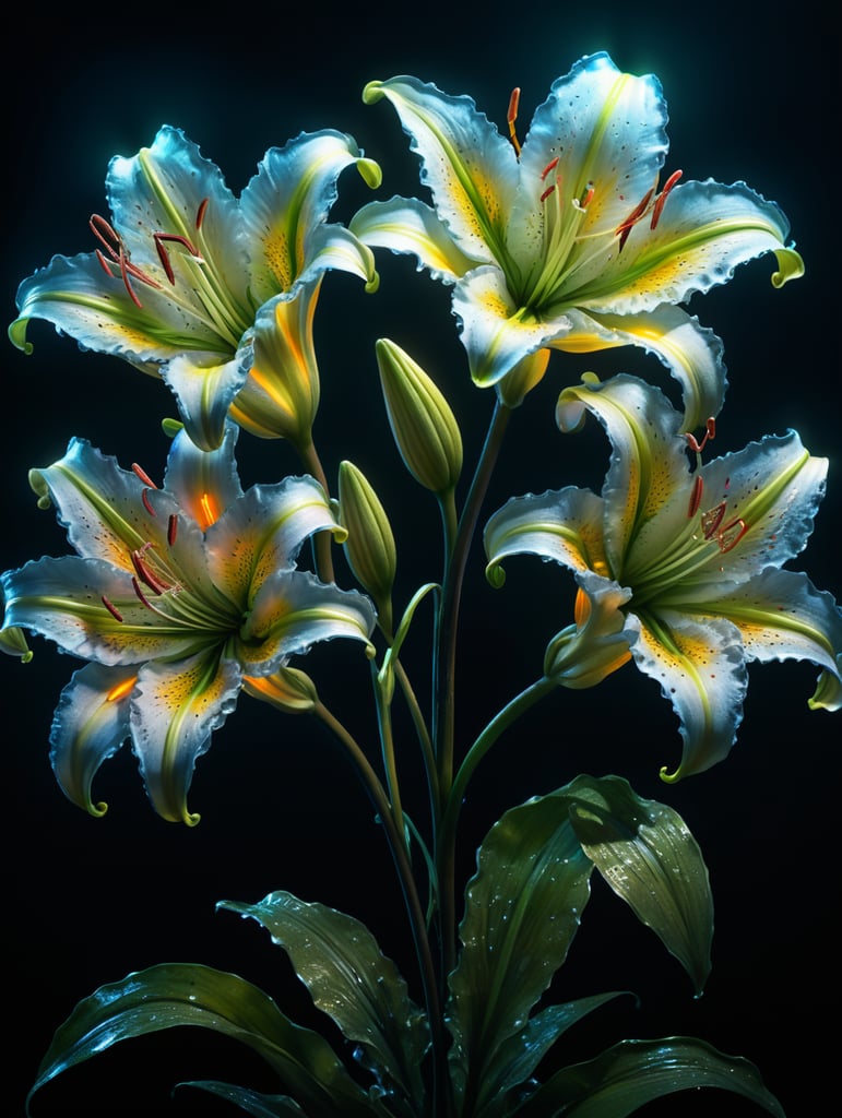 bioluminescent flower Lily, hyper detailed rendering, 4k, magic light, neon watercolours