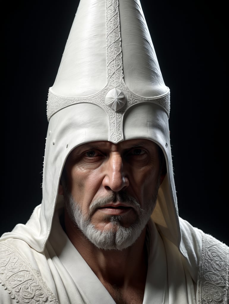 klan kkk man in blank white robe and long white cone shaped hat, medieval, fantasy