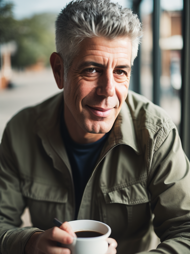 anthony bourdain in camouflage jacket and drink a morning coffee at the terrace use a light suit with black thick rims, sharp focus, highly detailed, vintage style. photoreal: 1.4, lifelike,highly detailed CG unified 8K,looking at the viewer smiling, (HQ skin:1.4), 8k uhd, dslr, soft lighting, high quality, film grain, Fujifilm XT3