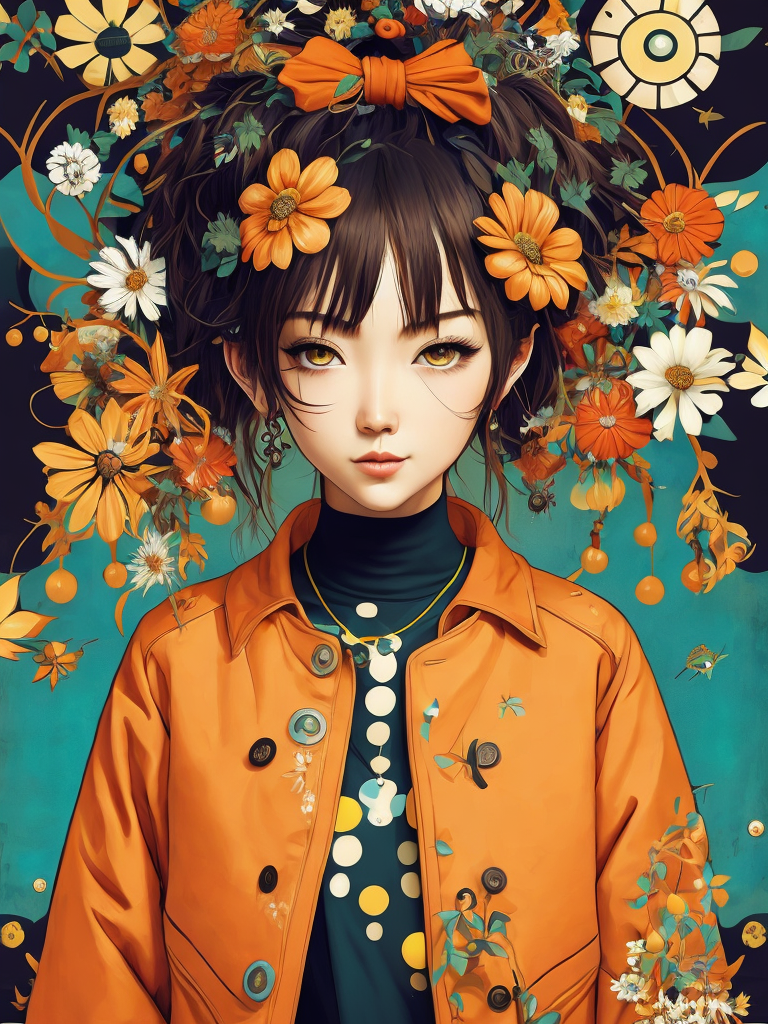 Magazine cover poster, upper portrait of anime girl with cat, ultra detailed, cel shading, artistic, shibuya fashion, harajuku fashion, mucha, frida kahlo, vivid floral oversized sukajan bomber jacket, trends of pixiv, headline, logos labels, badges, graphic design, art by miyazaki hay takashi murakami oda eiichirō