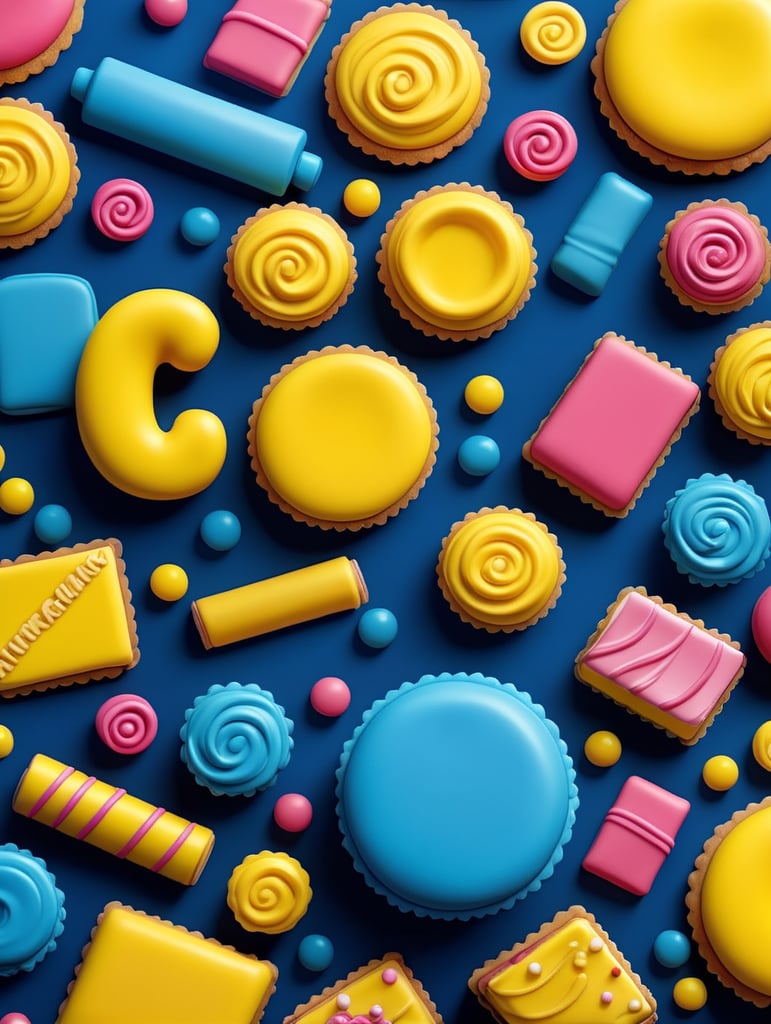 Generate abstract shapes inspired by piping tips, candy textures, and confectionery elements for the construction of a bakery's brand. Incorporate the vibrant palette of strong yellow and mid-tone blue. Avoid direct replication of existing words or elements in this prompt.