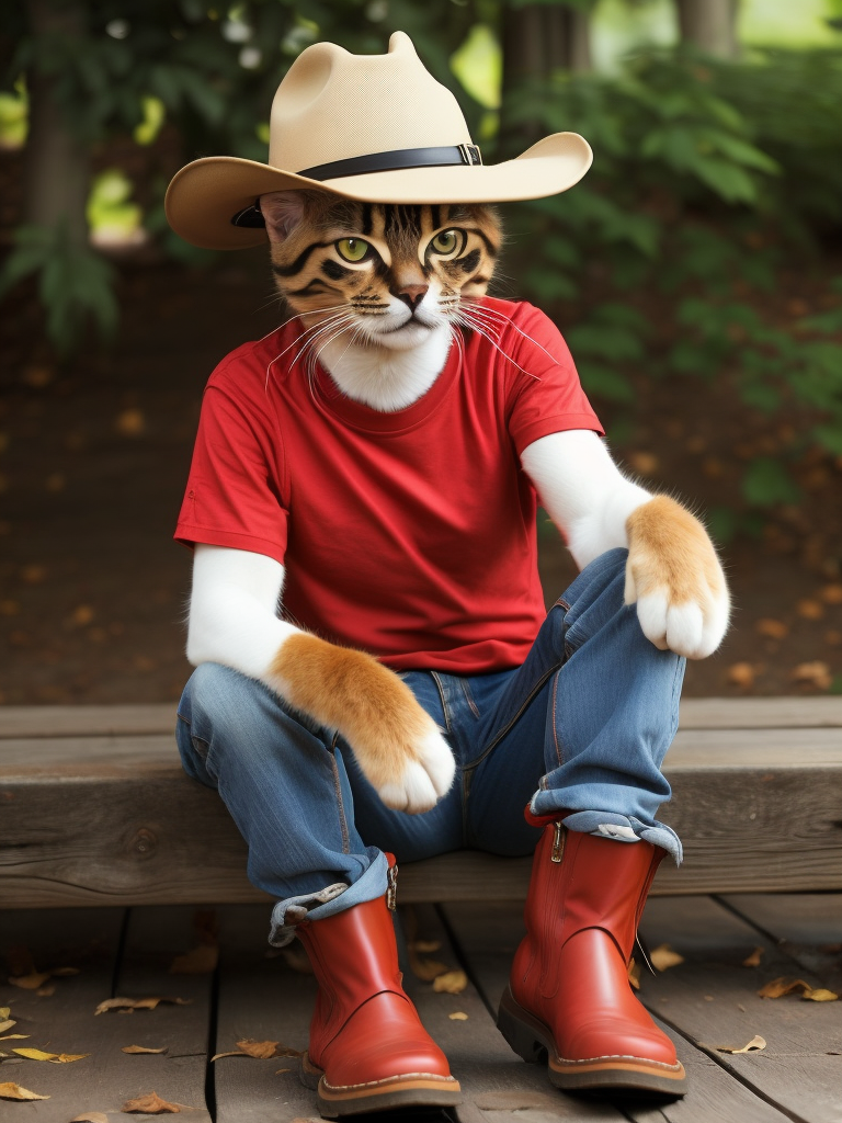 cat in blue jeans and a red t-shirt with a cowboy hat and green boots