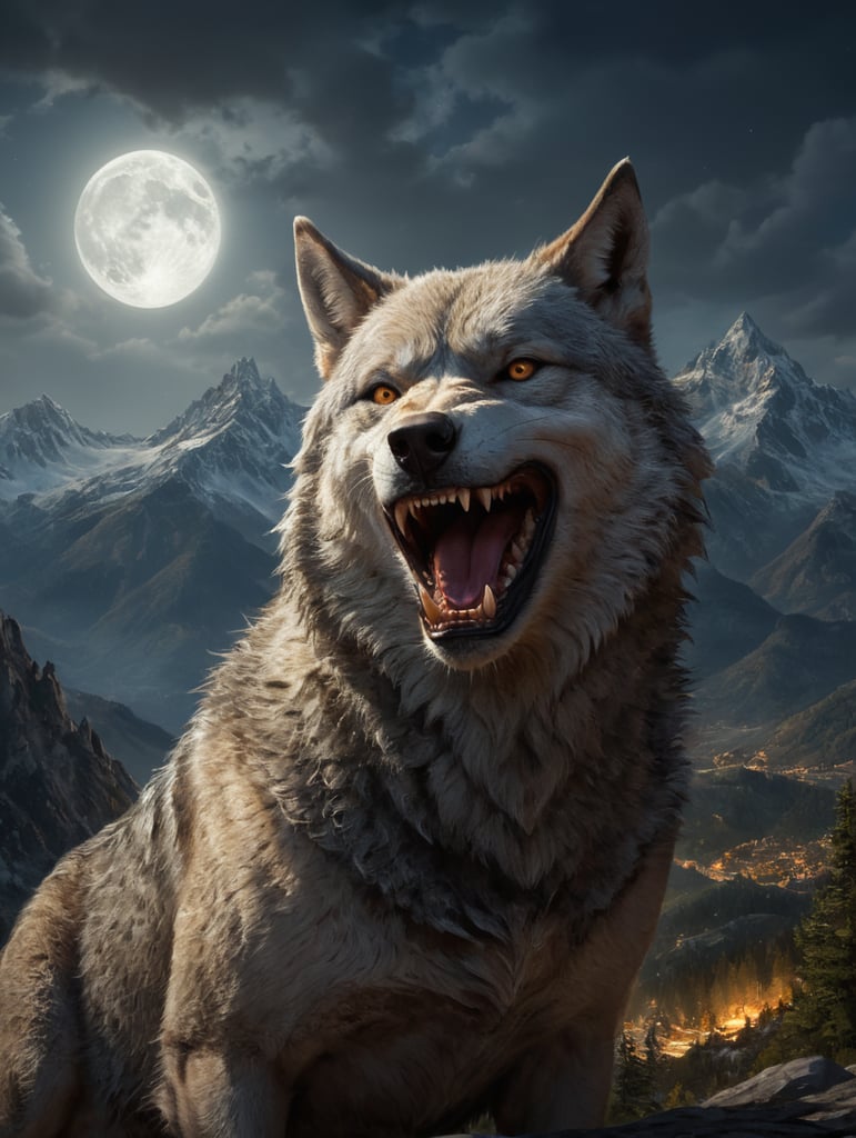 Оскал волка на фоне гор ночью под свет луны