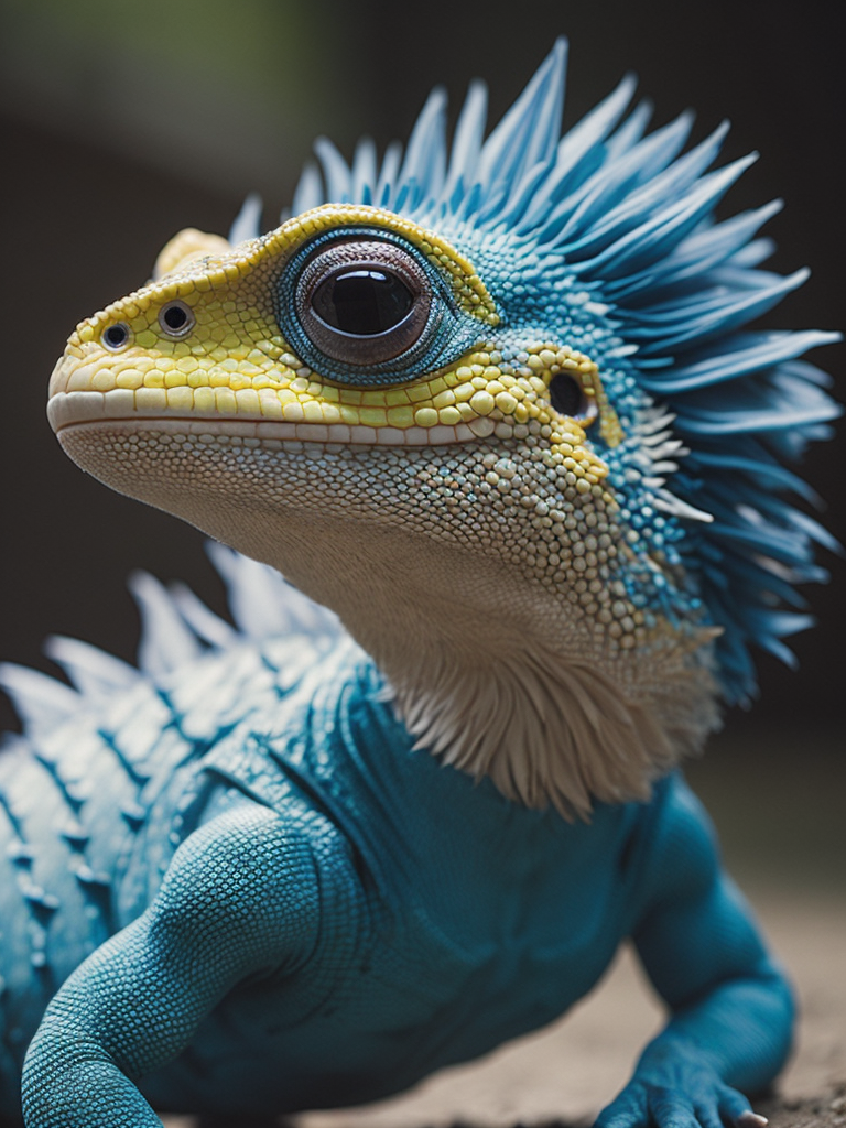 Blue feathered lizard, Vibrant colors, Depth of field, Incredibly high detail, Blurred background