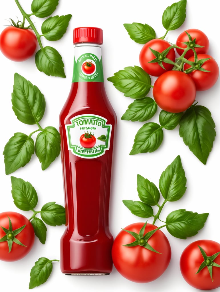 tomato ketchup bottle, red tomato with green leaves, isolated, white background